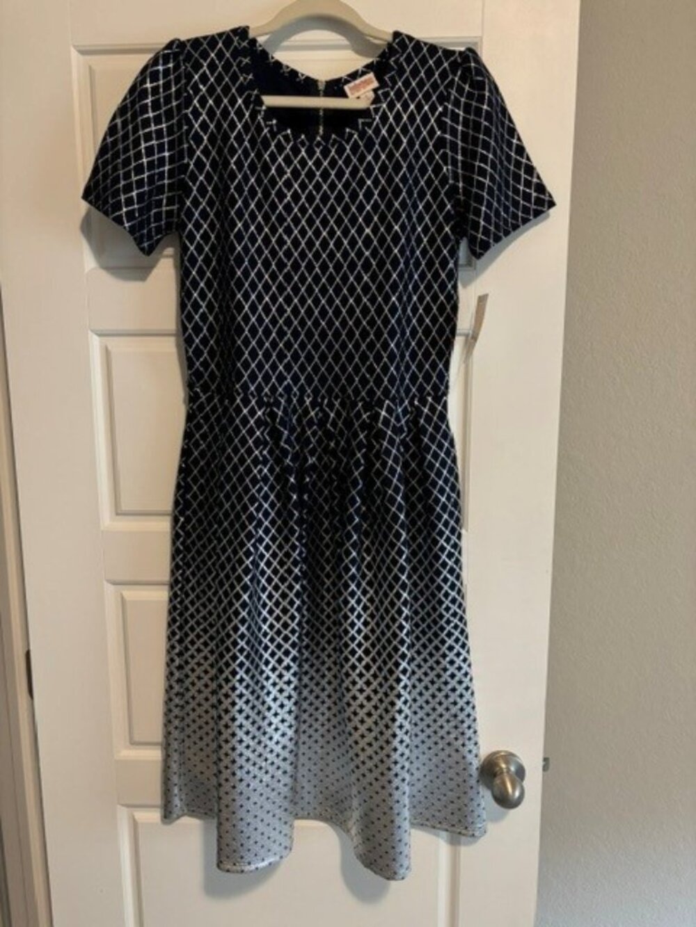 NWT-LuLaRoe Elegant Navy & Silver Metallic Fit & Flare Dress – Size L